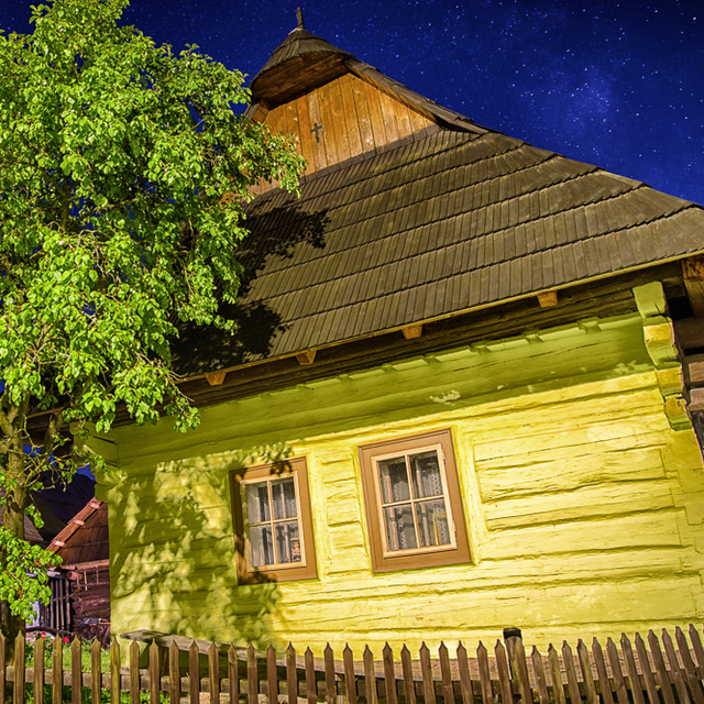 Rural house at night in historical UNESCO village Vlkolinec, Slovakia